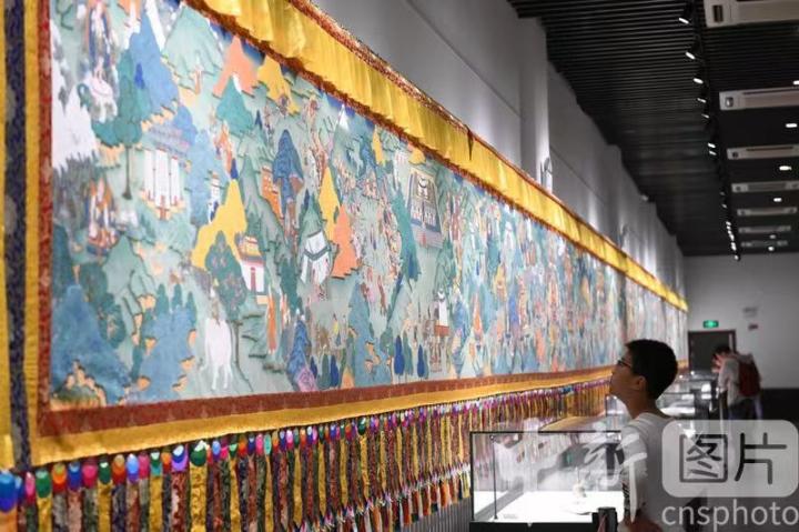 圖為一名小朋友觀看唐卡《涼州會盟》。 中新社記者 戴文昌 攝